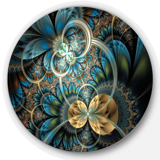 Designart Contemporary Symmetrical Blue & Gold Fractal Flower Large Metal Wall Art Disc